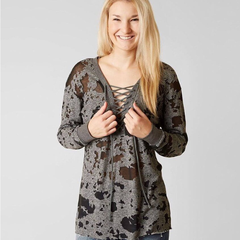 Gray Lace-Up Women's Top